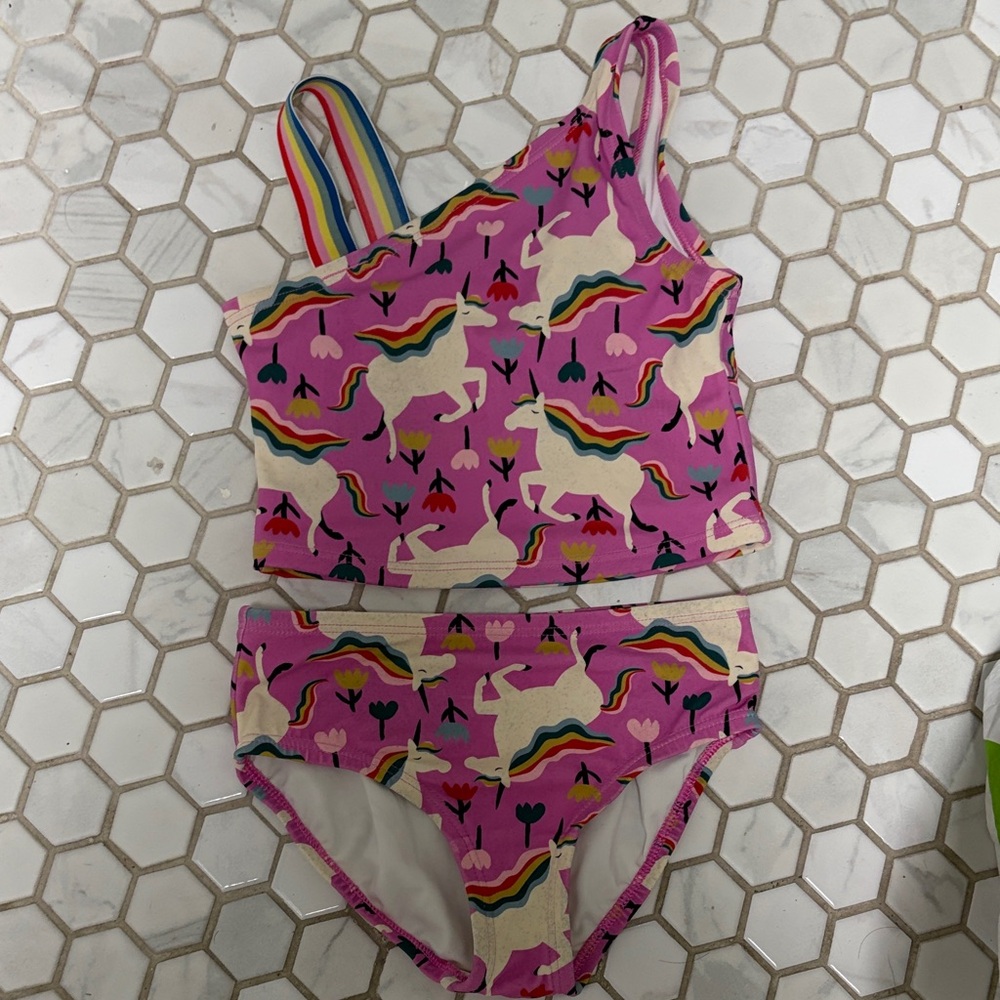 Hanna Andersson Girls Pink Unicorn Rainbow Two-Piece Swim Set Size 5